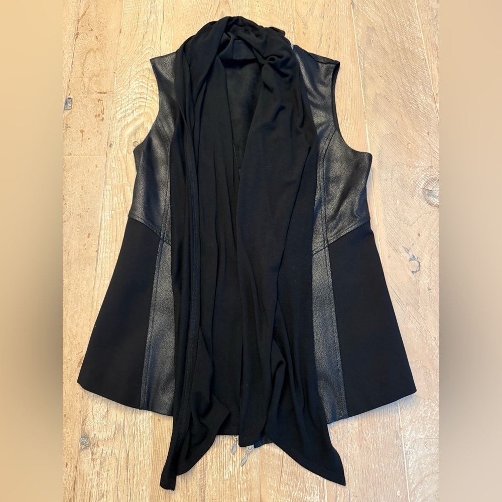 Joseph Ribkoff Vest Sweater Cardigan Faux Leather Cascade Black Front 8